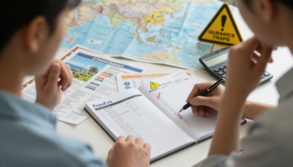 A conceptual illustration depicting financial traps to avoid when preparing for a trip. In the foreground, a person in modest casual attire, looking thoughtful while examining a travel budget planner filled with crossed-out expensive items and caution signs. In the middle ground, a table scattered with travel brochures, calculator, and hidden fees documents, representing financial confusion. The background features a large map with highlighted destinations and a warning sign about overspending. Soft, natural lighting creates a warm atmosphere, suggesting awareness and caution. The overall mood is reflective, emphasizing the importance of smart financial planning for travel. A conceptual illustration depicting financial traps to avoid when preparing for a trip. In the foreground, a person in modest casual attire, looking thoughtful while examining a travel budget planner filled with crossed-out expensive items and caution signs. In the middle ground, a table scattered with travel brochures, calculator, and hidden fees documents, representing financial confusion. The background features a large map with highlighted destinations and a warning sign about overspending. Soft, natural lighting creates a warm atmosphere, suggesting awareness and caution. The overall mood is reflective, emphasizing the importance of smart financial planning for travel.