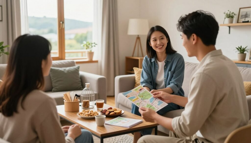 A cozy and inviting Airbnb living room scene, showcasing a warm and friendly atmosphere. In the foreground, a smiling host in casual yet professional attire interacts with guests, offering a brochure of local experiences and activities. In the middle ground, a table is adorned with local crafts, snacks, and a map highlighting nearby tourist attractions. The background reveals a window with bright natural light streaming in, allowing glimpses of a vibrant cityscape or nature. Soft lighting creates a welcoming mood, while a wide-angle lens captures the scene's spaciousness. The image conveys a sense of hospitality and the idea of enhancing guest experiences to boost income.