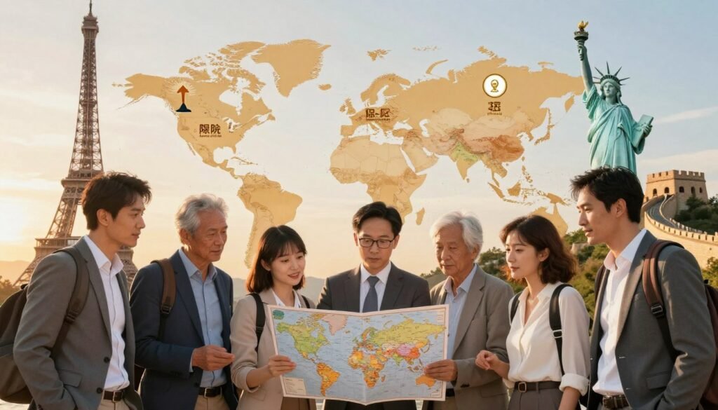 A detailed illustration depicting a collection of iconic travel destinations around the world, each with visual indicators of insurance requirements. In the foreground, a diverse group of travelers, dressed in professional business attire, are studying a world map with highlighted countries indicating insurance rules. The middle ground features landmarks like the Eiffel Tower, Great Wall of China, and the Statue of Liberty, each marked with symbols representing mandatory travel insurance. The background showcases a bright sky transitioning from day to evening, casting warm golden tones, creating an atmosphere of adventure and exploration. I recommend a wide-angle lens to capture the richness of the landscape and expressions of curiosity on the travelers’ faces, ensuring the scene is well-lit and inviting.