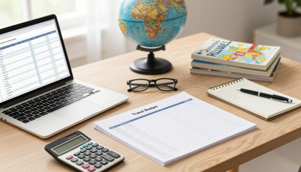 A detailed travel budget plan laid out on a clean wooden desk. In the foreground, a sleek laptop displaying a spreadsheet with columns for expenses such as flights, accommodation, food, and activities. Nearby, a calculator, a notepad with handwritten notes, and a pen, all contributing to a focused planning atmosphere. In the middle ground, a globe and a stack of travel guides hint at potential destinations. The background features a soft, warm light filtering through a window, creating an inviting and motivating mood. The scene is captured from a slight overhead angle to show depth and organization, suggesting a professional and thoughtful approach to budgeting for travel. A detailed travel budget plan laid out on a clean wooden desk. In the foreground, a sleek laptop displaying a spreadsheet with columns for expenses such as flights, accommodation, food, and activities. Nearby, a calculator, a notepad with handwritten notes, and a pen, all contributing to a focused planning atmosphere. In the middle ground, a globe and a stack of travel guides hint at potential destinations. The background features a soft, warm light filtering through a window, creating an inviting and motivating mood. The scene is captured from a slight overhead angle to show depth and organization, suggesting a professional and thoughtful approach to budgeting for travel.