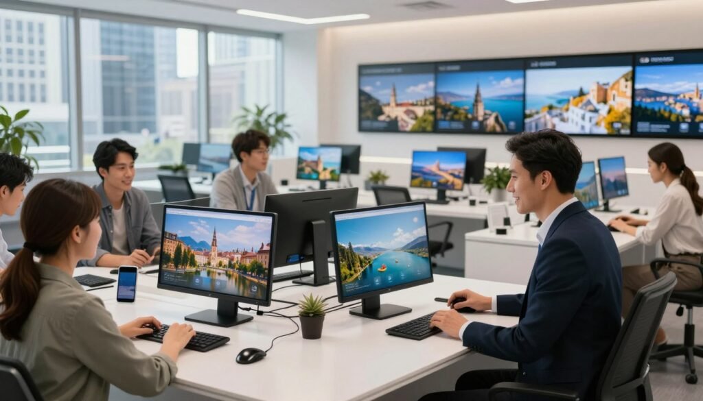 A modern travel agency office featuring sleek technology that prominently displays digital devices like tablets and large touchscreen monitors showcasing popular travel destinations. In the foreground, a professional travel agent in smart business attire engages with clients, who are smiling and discussing their travel plans. The middle ground features interactive informational kiosks filled with vibrant images of destinations. The background includes a large window showing a bustling cityscape, suggesting connectivity and global travel. The lighting is bright and inviting, with soft shadows casting a warm atmosphere. The composition uses a wide-angle lens to capture the sense of space and innovation in the travel industry. The image conveys a sense of transformation and integration of technology in modern travel planning. A modern travel agency office featuring sleek technology that prominently displays digital devices like tablets and large touchscreen monitors showcasing popular travel destinations. In the foreground, a professional travel agent in smart business attire engages with clients, who are smiling and discussing their travel plans. The middle ground features interactive informational kiosks filled with vibrant images of destinations. The background includes a large window showing a bustling cityscape, suggesting connectivity and global travel. The lighting is bright and inviting, with soft shadows casting a warm atmosphere. The composition uses a wide-angle lens to capture the sense of space and innovation in the travel industry. The image conveys a sense of transformation and integration of technology in modern travel planning.