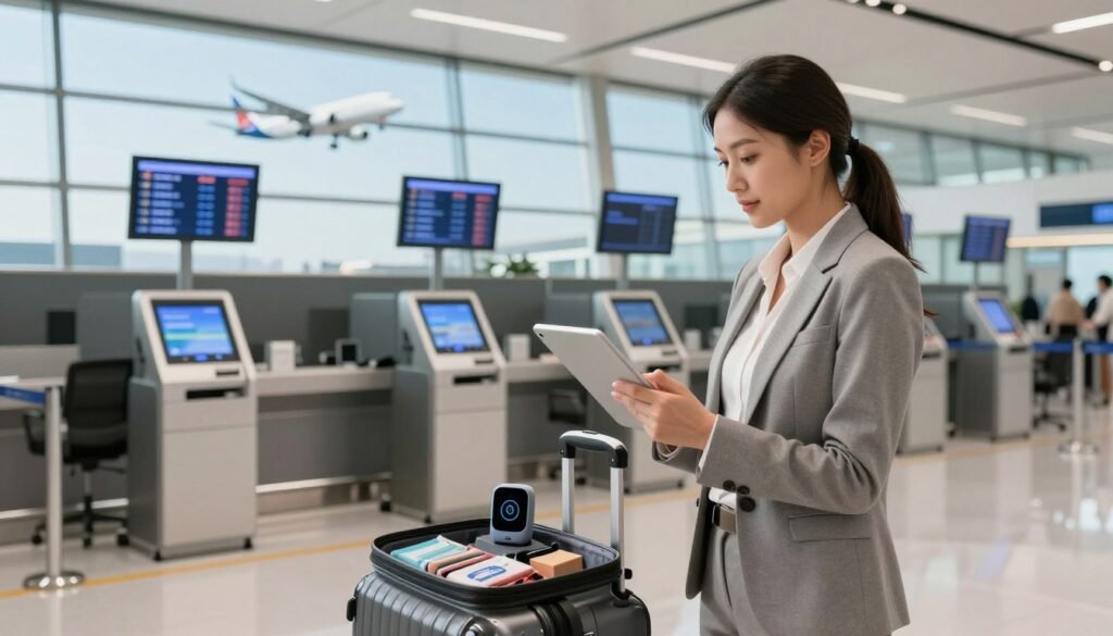 A modern travel logistics scene showcasing technology for international travel. In the foreground, a woman in professional business attire is using a tablet, planning her trip, while beside her, a suitcase with a smart tracking device is open, revealing organized travel essentials. The middle ground features a sleek airport check-in area with self-service kiosks and digital screens displaying flight information. In the background, large glass windows show an airplane taking off under a clear blue sky. Soft, natural lighting illuminates the space, creating an optimistic and efficient atmosphere, suggesting a seamless travel experience. The composition balances technology and human elements, reflecting a stress-free approach to international travel logistics.