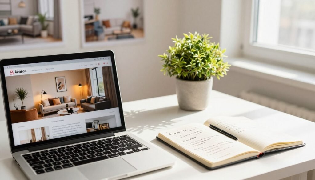 A professional workspace dedicated to creating an attractive Airbnb listing. In the foreground, a laptop displays an enticing Airbnb advertisement featuring a cozy, stylish apartment with modern furniture and warm lighting. Beside it, an open notebook filled with handwritten notes on effective listing strategies. In the middle, a bright desk with natural light filtering through a nearby window, casting soft shadows. An elegant houseplant adds a touch of greenery. In the background, blurred images of a well-decorated rental space, emphasizing the qualities of a great listing. The atmosphere is focused and inspiring, reflecting creativity and professionalism, with a warm, inviting color palette and a clean, organized layout.