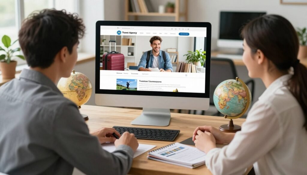 A split-scene image showcasing the differences between a traditional travel agency and online travel platforms. In the foreground, depict a well-dressed travel agent sitting at a wooden desk adorned with brochures and a globe, warmly interacting with a satisfied customer. In the middle ground, illustrate a sleek computer screen displaying an online travel booking website, with a person in casual attire happily browsing, surrounded by travel paraphernalia like maps and luggage. The background should blend an inviting office environment on one side and a modern, tech-savvy home workspace on the other. Use natural lighting for the office side and soft, artificial lighting for the home side to create a contrast in atmosphere—professionalism versus convenience. Maintain a clear focus on the contrasting styles of travel planning. A split-scene image showcasing the differences between a traditional travel agency and online travel platforms. In the foreground, depict a well-dressed travel agent sitting at a wooden desk adorned with brochures and a globe, warmly interacting with a satisfied customer. In the middle ground, illustrate a sleek computer screen displaying an online travel booking website, with a person in casual attire happily browsing, surrounded by travel paraphernalia like maps and luggage. The background should blend an inviting office environment on one side and a modern, tech-savvy home workspace on the other. Use natural lighting for the office side and soft, artificial lighting for the home side to create a contrast in atmosphere—professionalism versus convenience. Maintain a clear focus on the contrasting styles of travel planning.