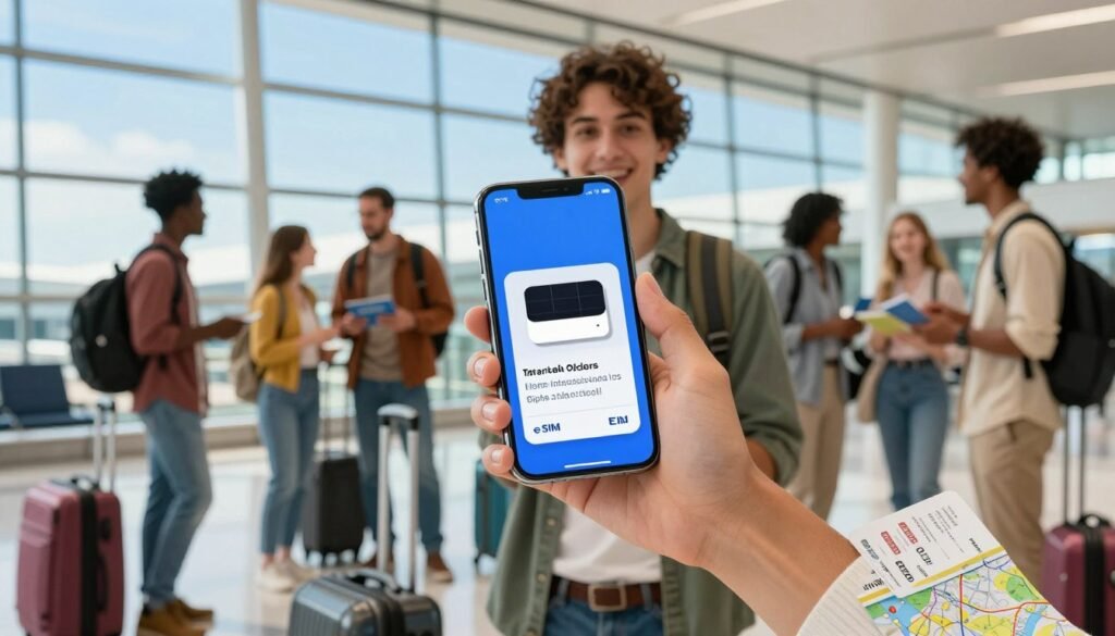 A traveler in a bustling international airport, holding a smartphone with a visible eSIM and international chip package, surrounded by vibrant travel elements such as luggage, boarding passes, and maps. In the background, diverse travelers are interacting, showcasing various cultures, all set in a bright, well-lit environment. Emphasize clear blue skies seen through large terminal windows, reflecting a sense of adventure and global connectivity. The traveler is dressed in smart casual attire, radiating excitement and ease. The image should capture a warm and inviting atmosphere, highlighting the advantages of staying connected abroad through international chips or eSIM technology, with a focus on clarity and functionality in travel. Bright, natural lighting enhances the vibrancy of the scene.