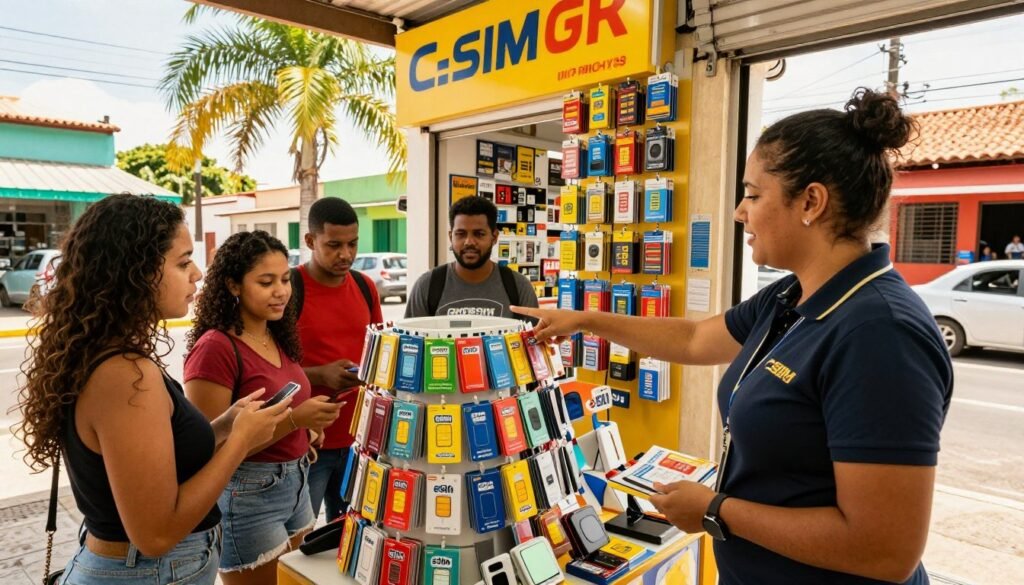 A vibrant street scene in Brazil showcasing a bustling telecom store specializing in international SIM cards and eSIMs. In the foreground, a friendly sales representative in professional attire assists a diverse group of customers, pointing towards a display filled with colorful SIM cards and electronic devices. In the middle ground, the store is adorned with bright signage advertising various SIM options. The background features a sunny Brazilian street filled with palm trees and local shops, emphasizing the vibrant culture. The lighting is warm and inviting, giving a lively atmosphere to the scene. Shot from a slightly elevated angle to capture both the interaction and the store's array of products, evoking a sense of accessibility and convenience.