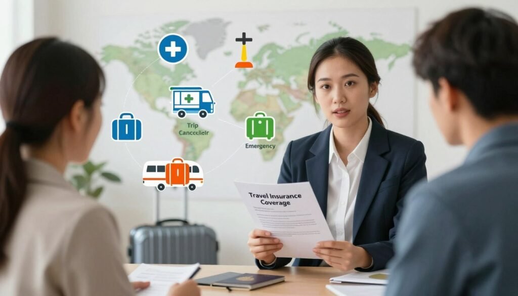 A visually engaging illustration showcasing various travel insurance coverage options. In the foreground, a professional businessperson, dressed in smart casual attire, holds a document labeled "Travel Insurance Coverage" while discussing with another individual. In the middle, icons representing different coverages such as medical assistance, trip cancellation, lost luggage, and emergency evacuation are creatively arranged around the businesspeople. The background features a serene travel-themed setting with a world map and travel-related items like a suitcase and passport, all illuminated by soft, natural lighting. The mood should feel informative and reassuring, conveying a sense of security and trust in travel insurance. Use a standard photographic lens with a slightly blurred background to emphasize the subjects in the foreground. A visually engaging illustration showcasing various travel insurance coverage options. In the foreground, a professional businessperson, dressed in smart casual attire, holds a document labeled "Travel Insurance Coverage" while discussing with another individual. In the middle, icons representing different coverages such as medical assistance, trip cancellation, lost luggage, and emergency evacuation are creatively arranged around the businesspeople. The background features a serene travel-themed setting with a world map and travel-related items like a suitcase and passport, all illuminated by soft, natural lighting. The mood should feel informative and reassuring, conveying a sense of security and trust in travel insurance. Use a standard photographic lens with a slightly blurred background to emphasize the subjects in the foreground.