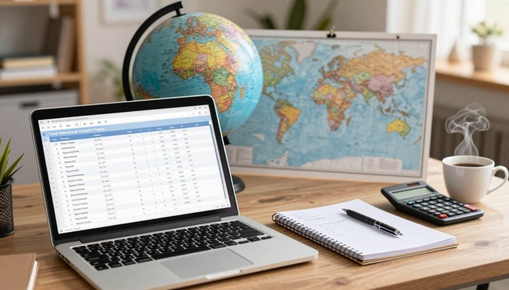 A well-organized workspace scene depicting the process of international travel budget planning. In the foreground, a laptop displays a detailed spreadsheet with travel costs to various countries. Beside it, a notepad filled with handwritten notes and a calculator. In the middle ground, a globe and a world map are laid out, emphasizing destination possibilities. The background features a cozy study with warm, inviting lighting, creating a focused atmosphere. A steaming cup of coffee sits on the desk, enhancing the work environment. The scene conveys a sense of professionalism and excitement about travel, encouraging thoughtful planning and organization.
